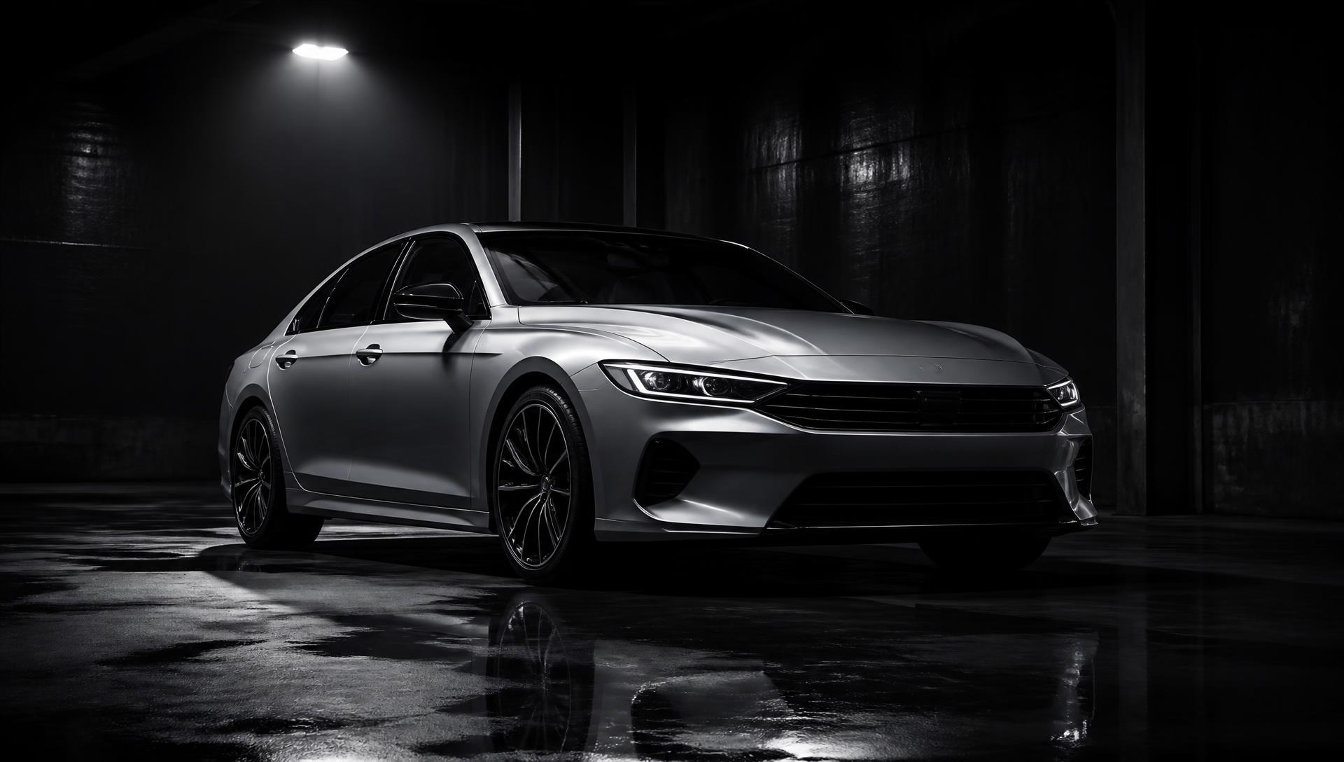 Silver sedan in a cinematic dark garage